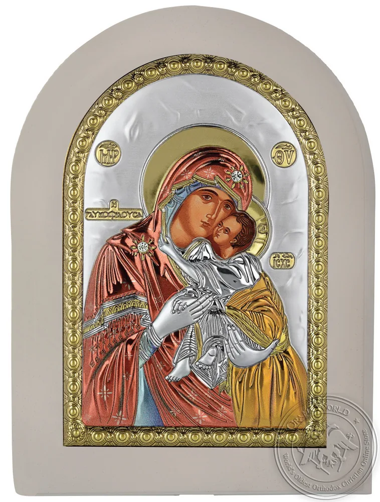 Virgin Mary Glykofilousa - Silver Colored Icon in White Wood