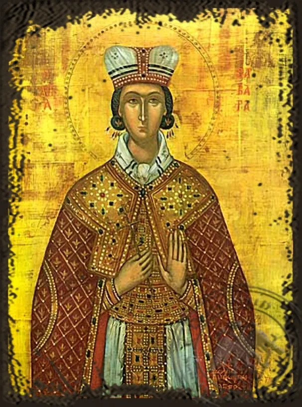Saint Barbara, the Great Martyr - Aged Byzantine Icon
