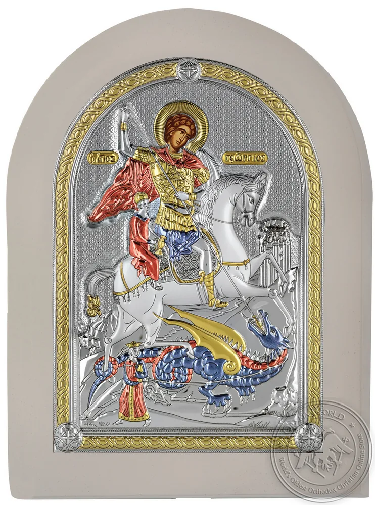 Святой Георгий, икона под серебро на белом дереве