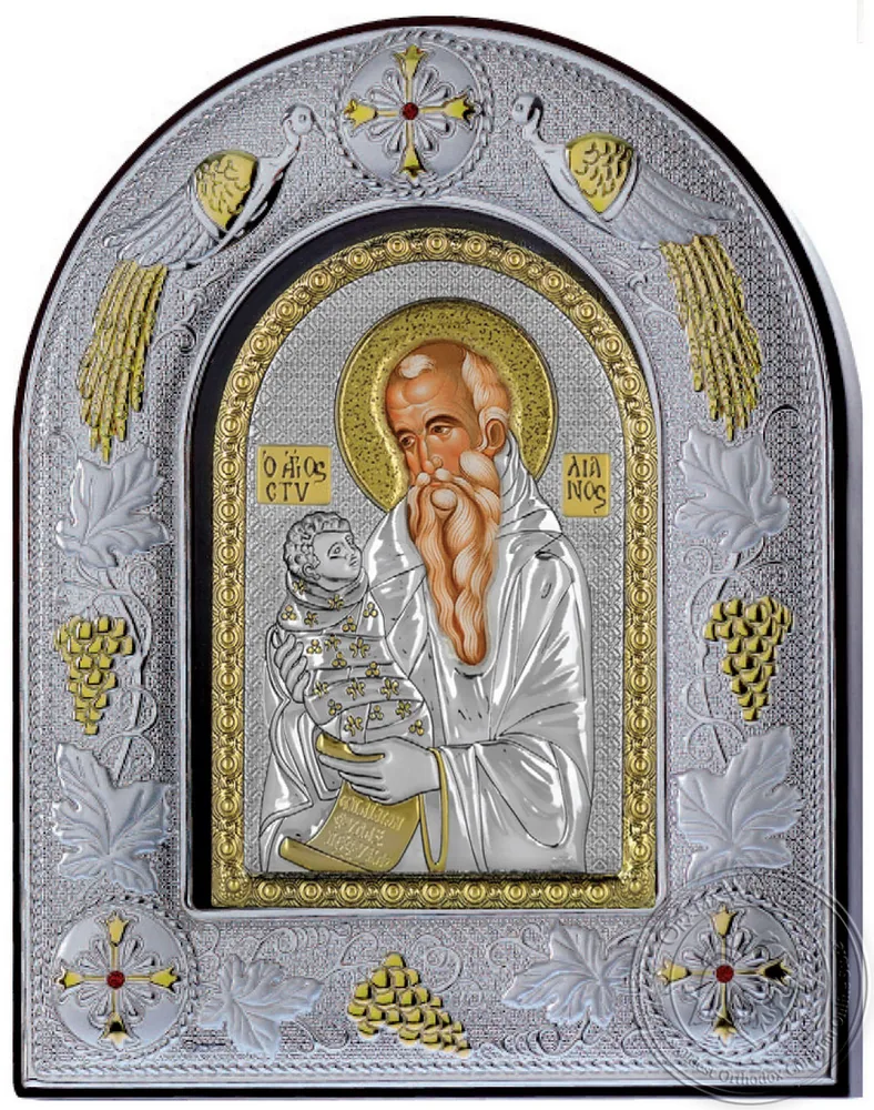 Saint Stylianos - Silver Icon in Glass Frame