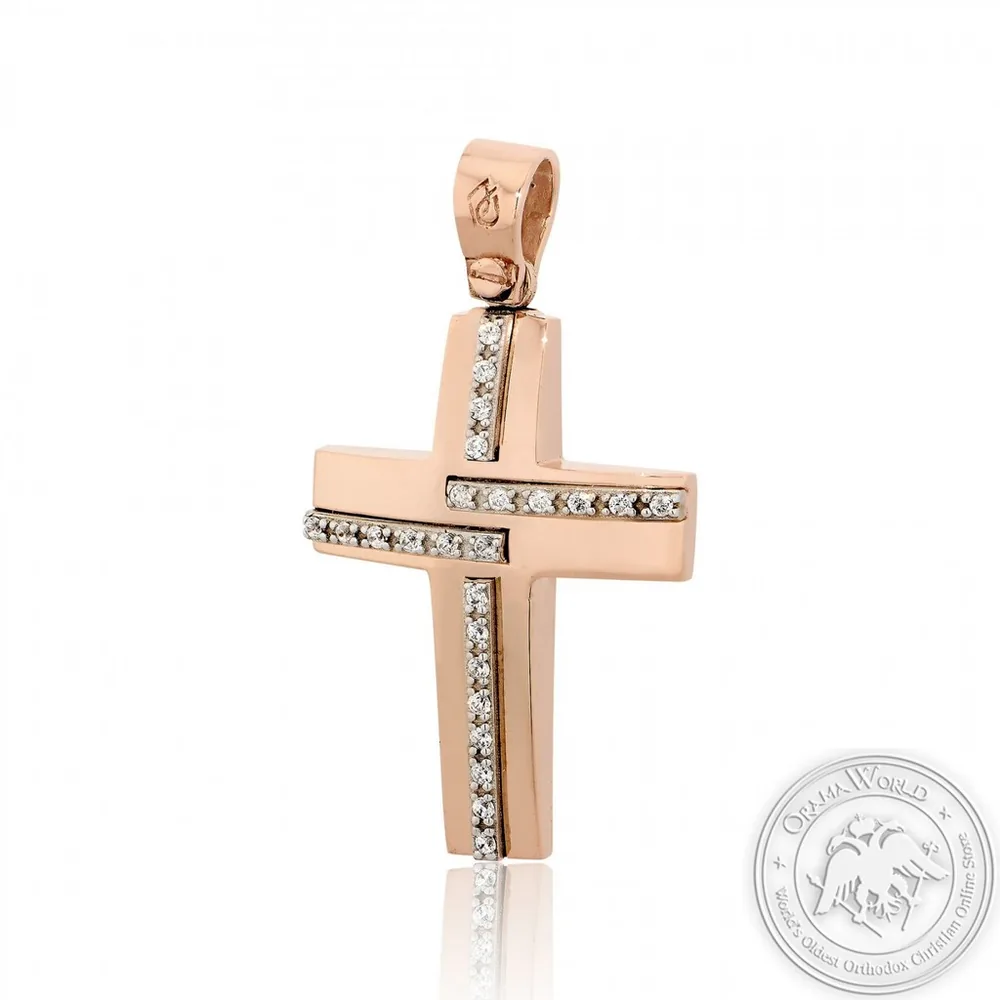 Christening Cross for Girls made of 14K Pink and White Gold with Cubic Zirconia