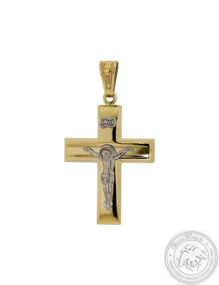 სანათლავი ჯვარი ბიჭებისთვის 14 K ყვითელი და თეთრი ოქროს
