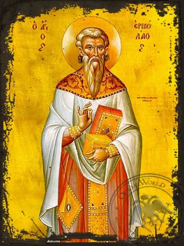 წმინდა ერმოლაოსი, მღვდელმოწამე, ძველებურად გაფორმებული ბიზანტიური ხატი