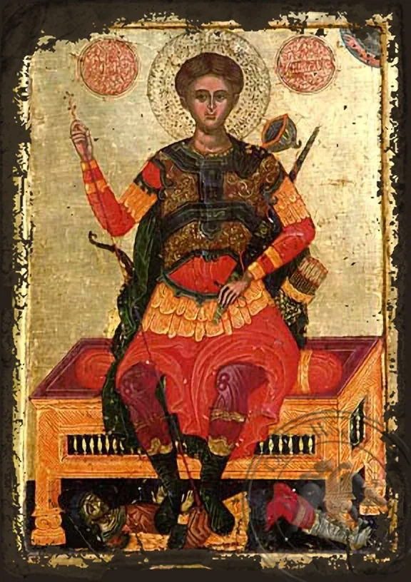 Saint Demetrius the Myrrh-Gusher, Enthroned - Aged Byzantine Icon