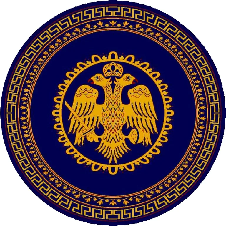 Round Ecclesiastical Carpet with Double-headed Eagle and Meander in Blue Color