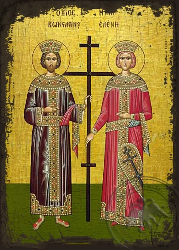 Saints Constantine and Helen, Full Body - Aged Byzantine Icon