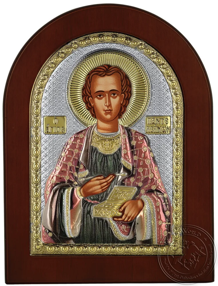 Святой Пантелеимон, икона под серебро