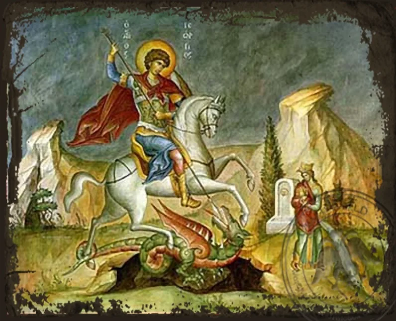 Святой великомученик Георгий, на коне, византийская икона под старину