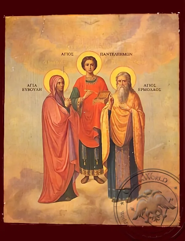 წმინდანები პანტელეიმონი, ერმოლაოსი მისი მოძღვარი და ევვულა მისი დედა, სრული ტანით, ნაზარეთის ხატი