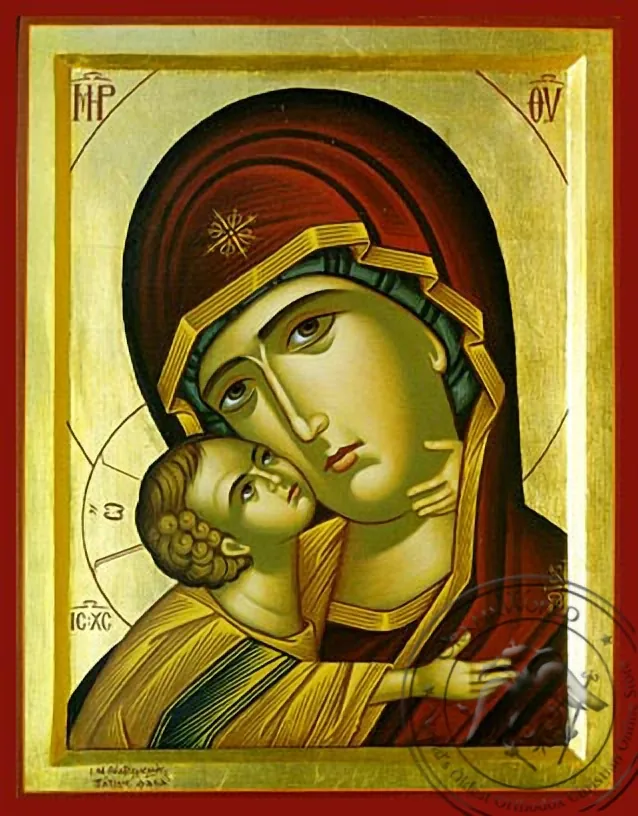 ღვთისმშობელი ყრმით, ტკბილად ამბორისმყოფელი, მკერდამდე, ხელნაწერი ხატი