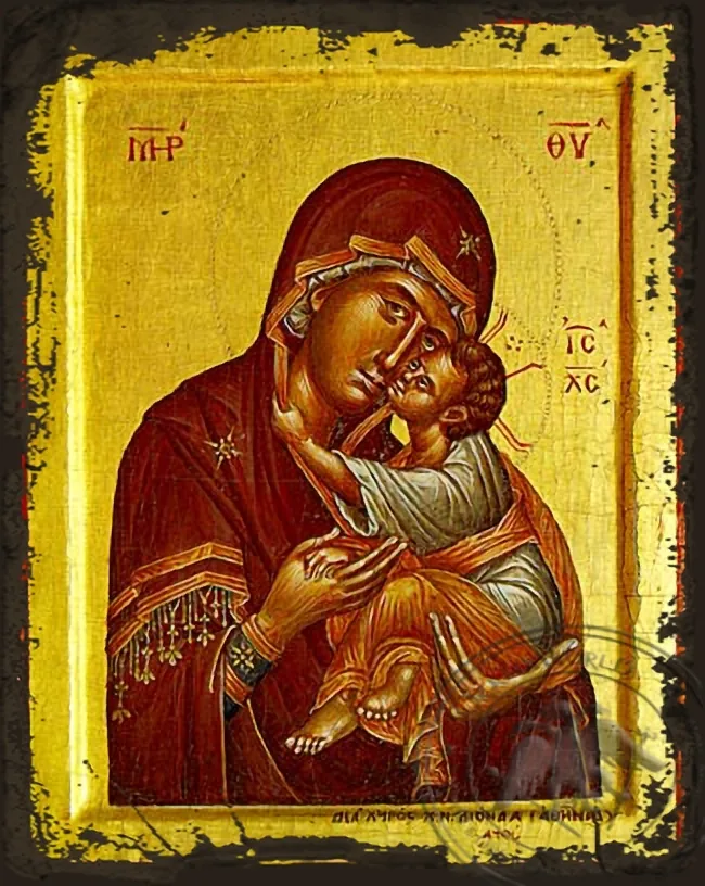 ღვთისმშობელი ყრმით, ტკბილად ამბორისმყოფელი, ძველებურად გაფორმებული ბიზანტიური ხატი
