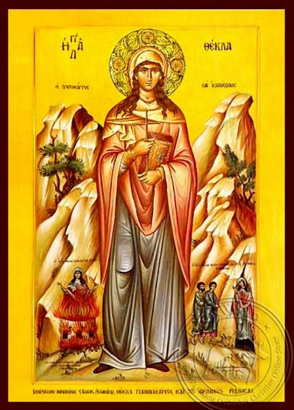 წმინდა თეკლა, პირველი ქალი მოწამე და სწორი---მოციქულები, იკონიელი, სრული ტანით, ხელნაწერი ხატი