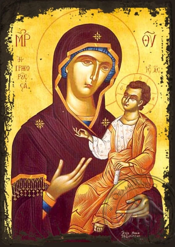 ღვთისმშობელი ყრმით, ოდიგიტრია, მღვიძარე, ძველებურად გაფორმებული ბიზანტიური ხატი