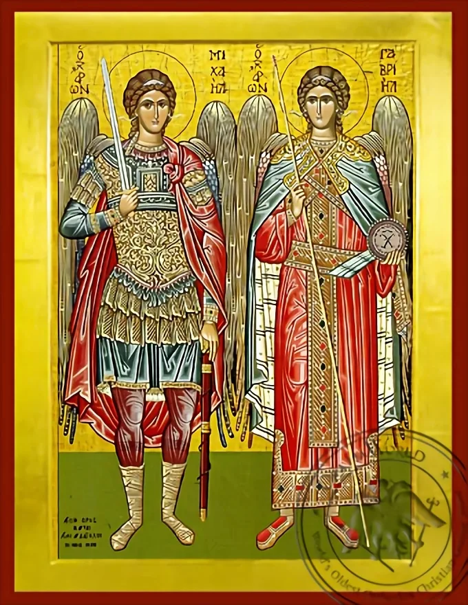 წმინდა მთავარანგელოზთა მიქაელისა და გაბრიელის კრება, სრული ტანით, ბიზანტიური ხატი