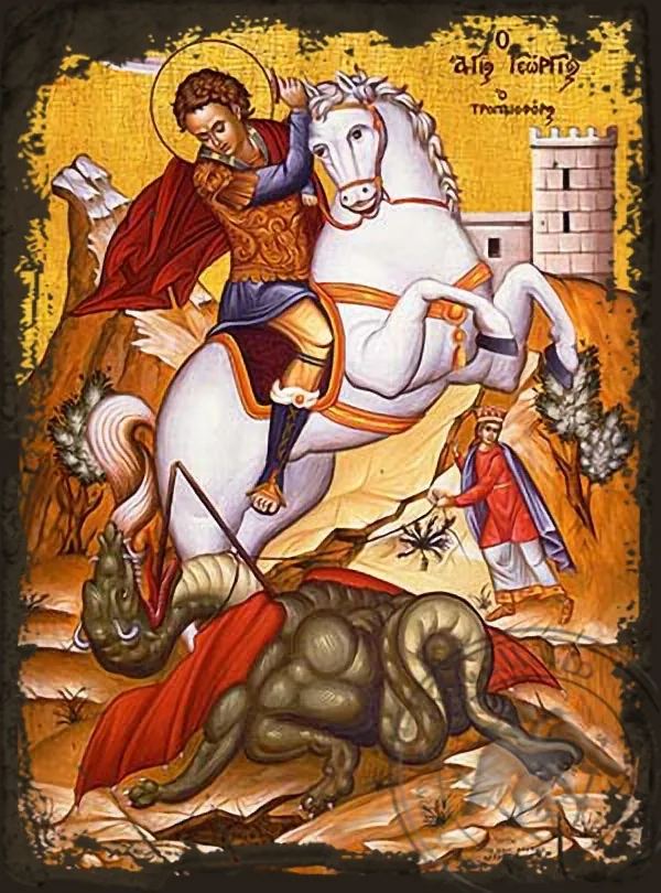 წმინდა დიდმოწამე გიორგი, ცხენზე, ძველებურად გაფორმებული ბიზანტიური ხატი