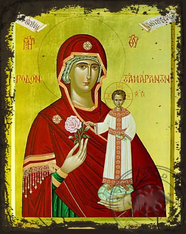 ღვთისმშობელი ყრმით, დაუჭკნობელი ვარდი, ძველებურად გაფორმებული ბიზანტიური ხატი