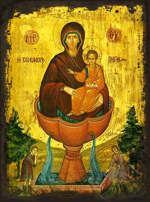Virgin and Child, the Life - Giving Spring - Aged Byzantine Icon