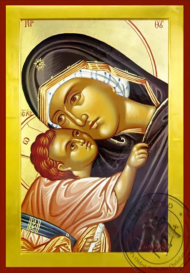 ღვთისმშობელი ყრმით, ტკბილად ამბორისმყოფელი, მკერდამდე, ბიზანტიური ხატი
