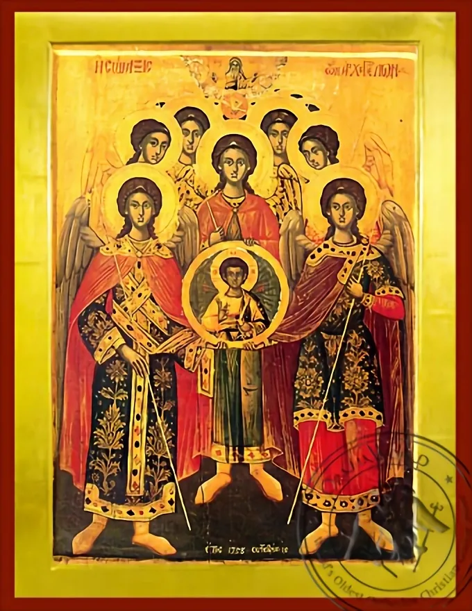 Synaxis of the Holy Archangels, Michael, Gabriel, Raphael, Uriel, Salaphiel, Jegudiel and Barachiel, Full Body - Byzantine Icon