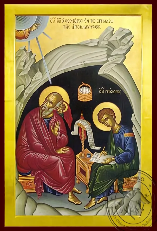 Apostle and Evangelist Saint John the Theologian with Saint Prochorus the Apostle, in Cave, Full Body - Byzantine Icon