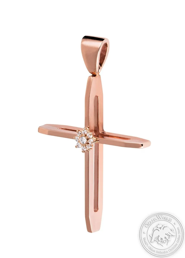Christening Cross for Girls made of 18K Pink Gold with Diamonds