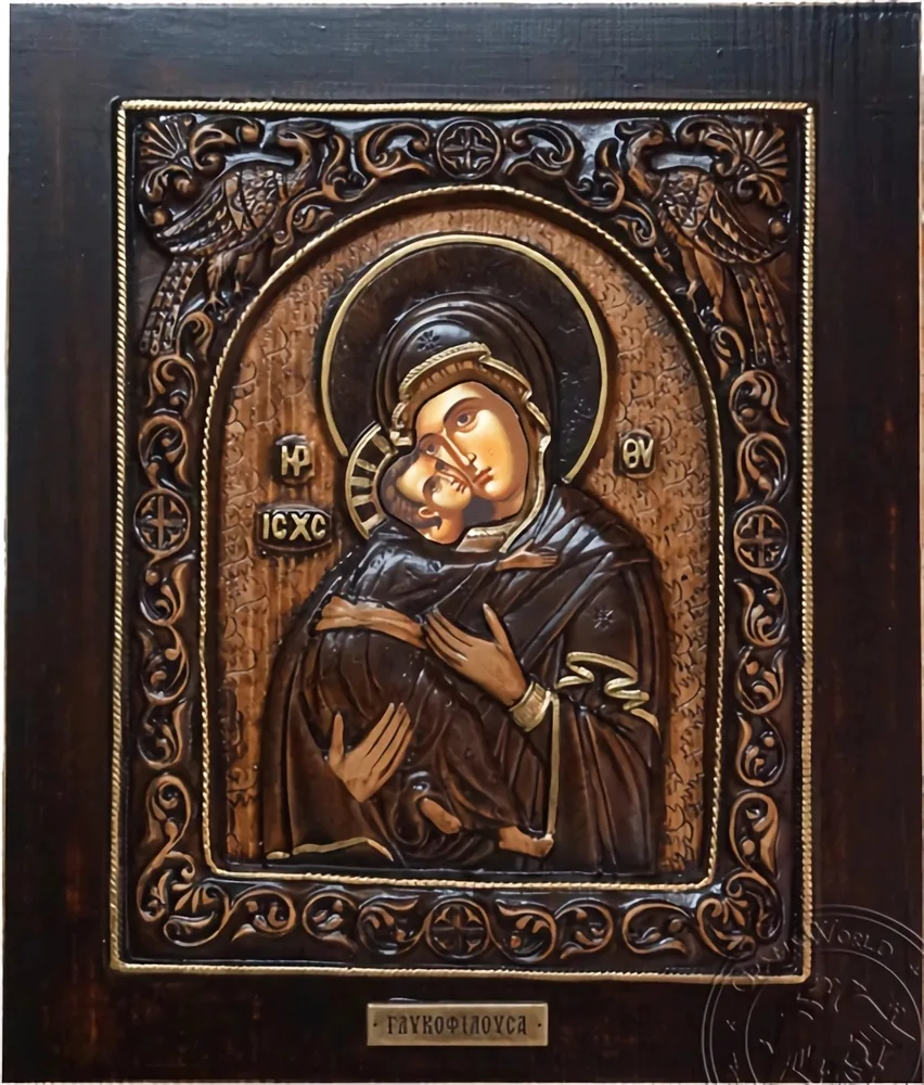 Virgin Mary Glykofilousa - Wood Carved Icon