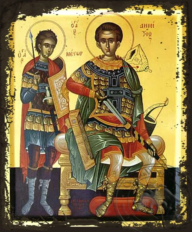 Святые Димитрий Мироточивый на престоле и Нестор, византийская икона под старину