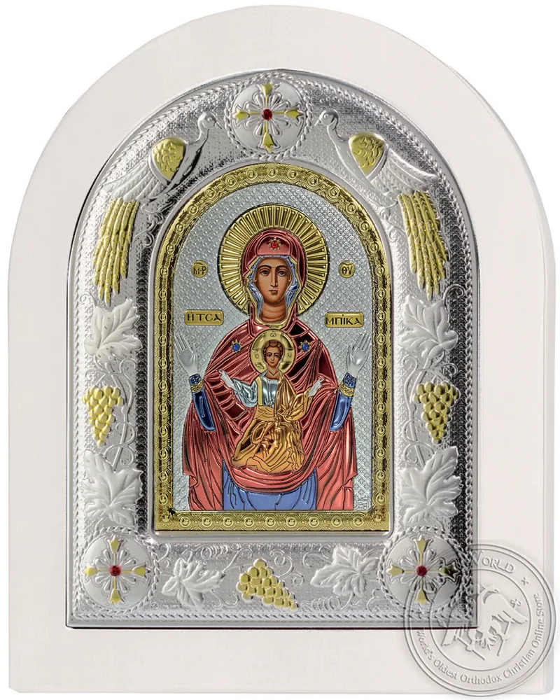 Пресвятая Богородица Цамбика, икона под серебро на белом дереве