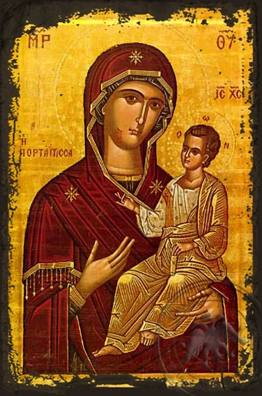 ღვთისმშობელი ყრმით, ოდიგიტრია, კარიბჭისა (კარიბჭე), ივერონი, ძველებურად გაფორმებული ბიზანტიური ხატი