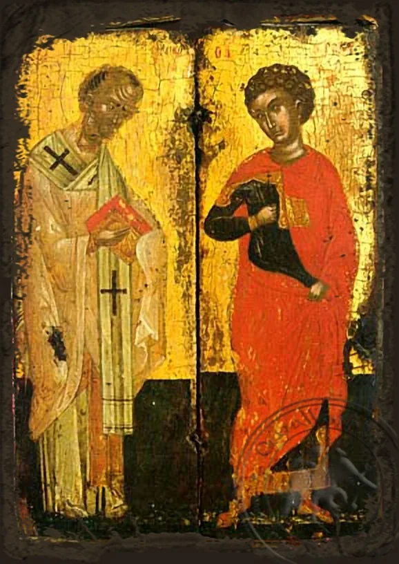 Святые Николай и Георгий, в полный рост, византийская икона под старину