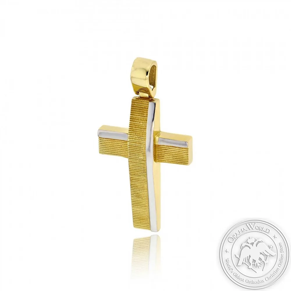 Christening Cross for Boys made of 14K White and Yellow Gold
