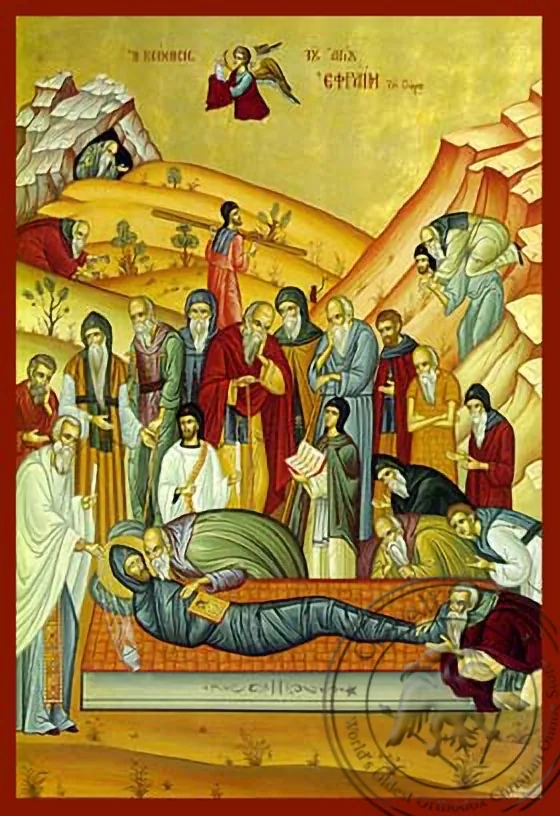 წმინდა ეფრემი სირიელი, განსვენება, ხელნაწერი ხატი