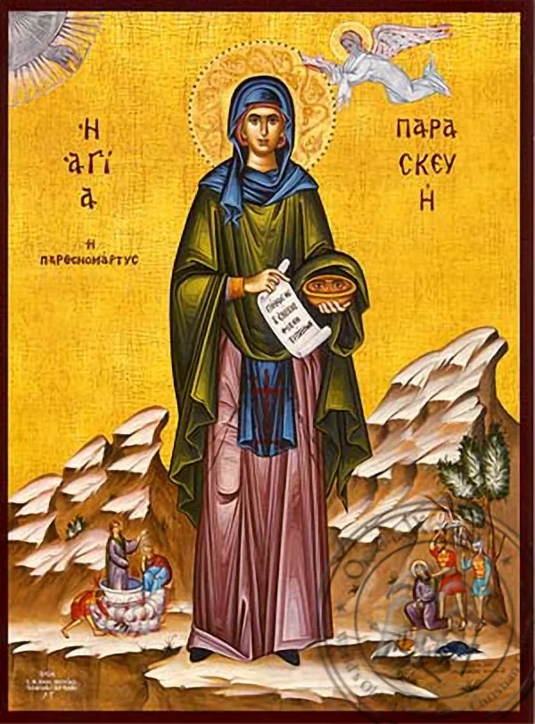 წმინდა დიდმოწამე პარასკევა, რომაელი, ცხოვრების სცენებით, სრული ტანით, ხელნაწერი ხატი