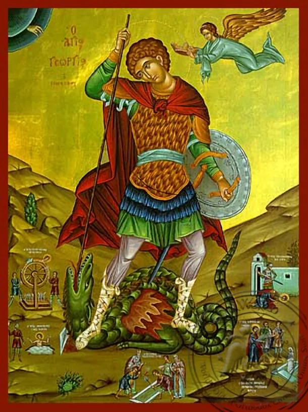 Святой великомученик Георгий, с житием, в полный рост, рукописная икона