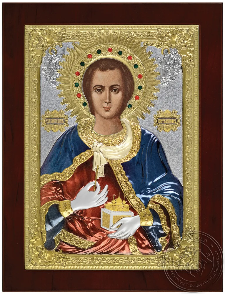 Saint Panteleimon of Mount Athos - Silver Colored Icon