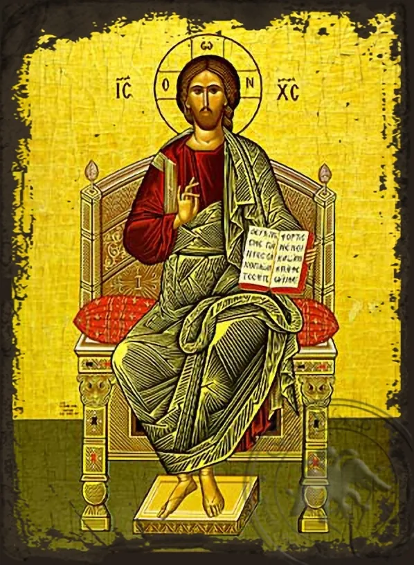 ტახტზე მჯდომი, ძველებურად გაფორმებული ბიზანტიური ხატი