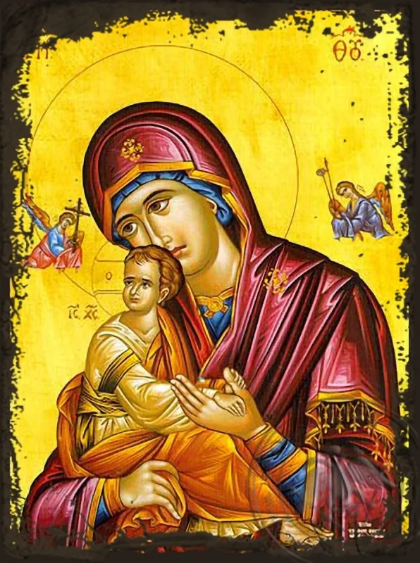 ღვთისმშობელი ყრმით, ვნება, ანგელოზებით, ძველებურად გაფორმებული ბიზანტიური ხატი