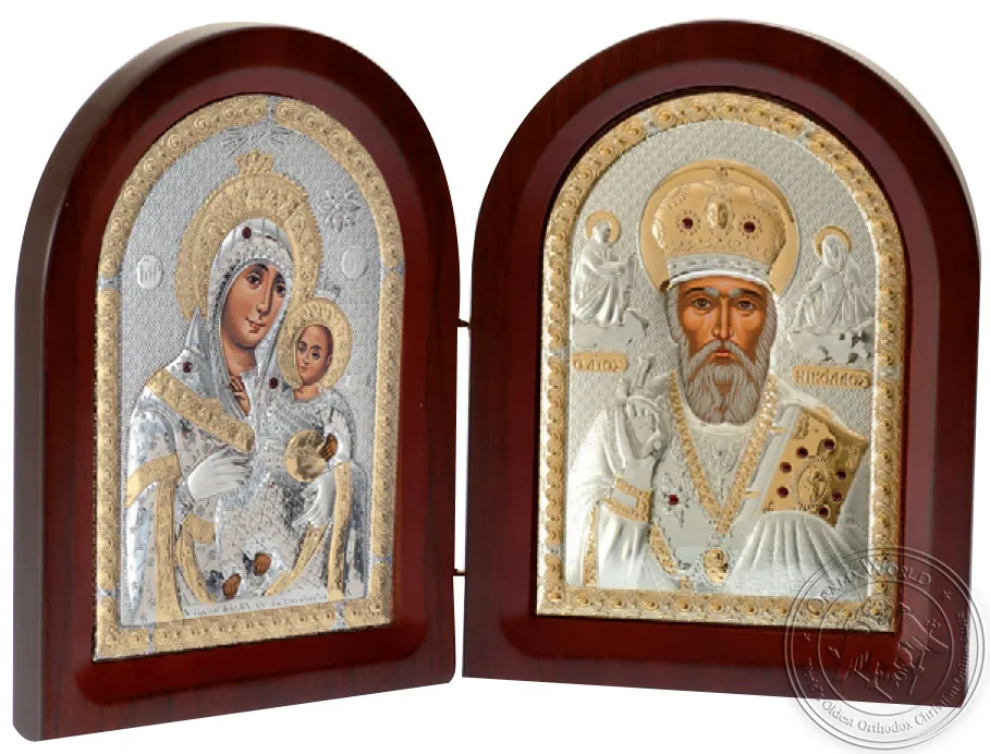 Diptych Virgin Mary - Saint Nicholas - Silver Icon