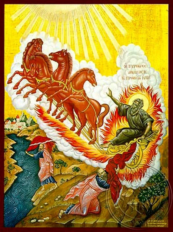 Святой пророк Илия на колеснице и пророк Елисей, рукописная икона