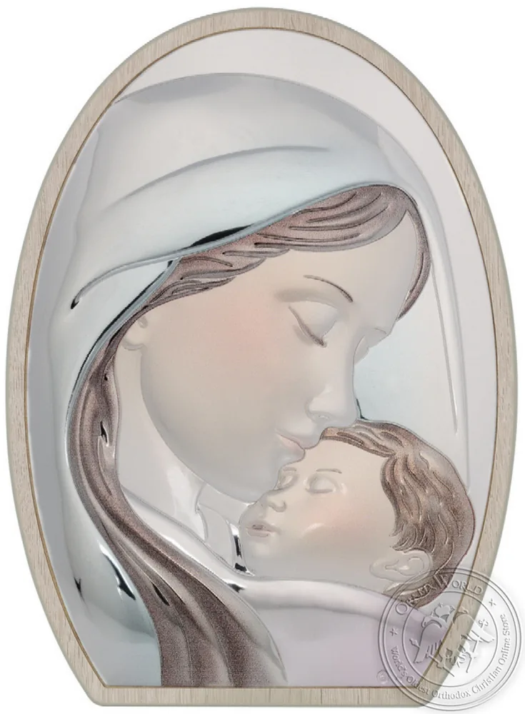 Virgin Mary with Christ - Silver Colored Icon in White Wood