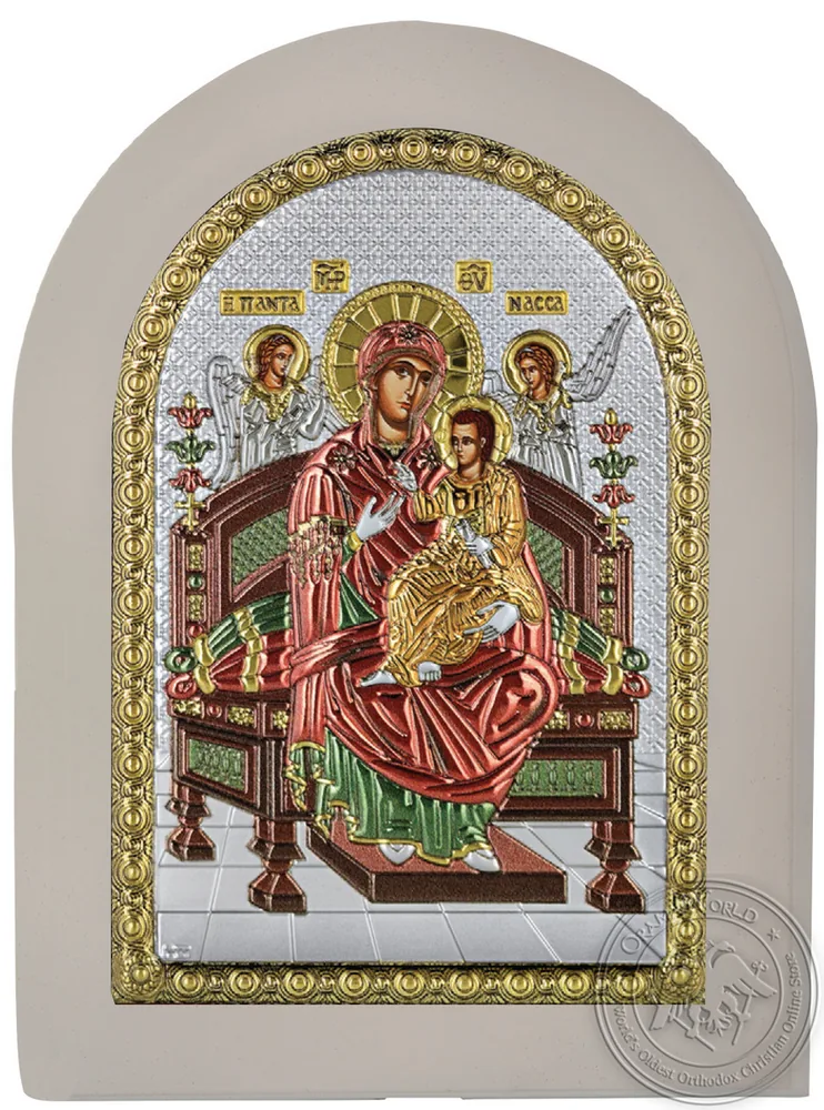 Пресвятая Богородица Всецарица, икона под серебро на белом дереве