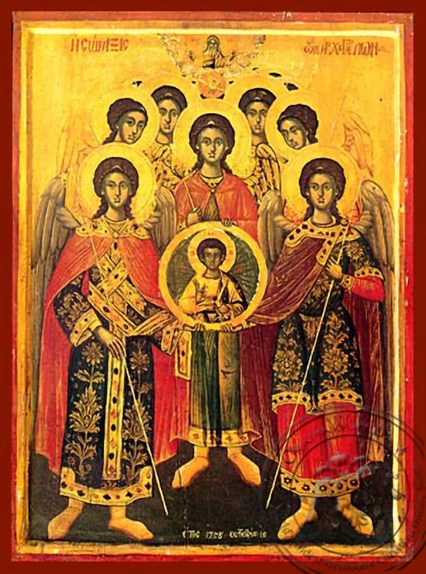 Собор святых Архангелов, Михаил, Гавриил, Рафаил, Уриил, Салафиил, Иегудиил и Варахиил, рукописная икона