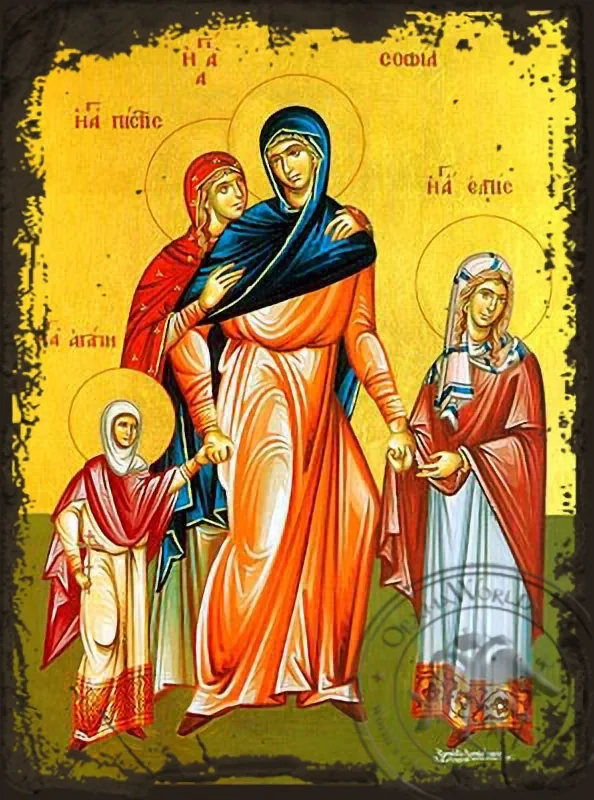Святые София и дочери, Вера, Надежда и Любовь, в полный рост, византийская икона под старину