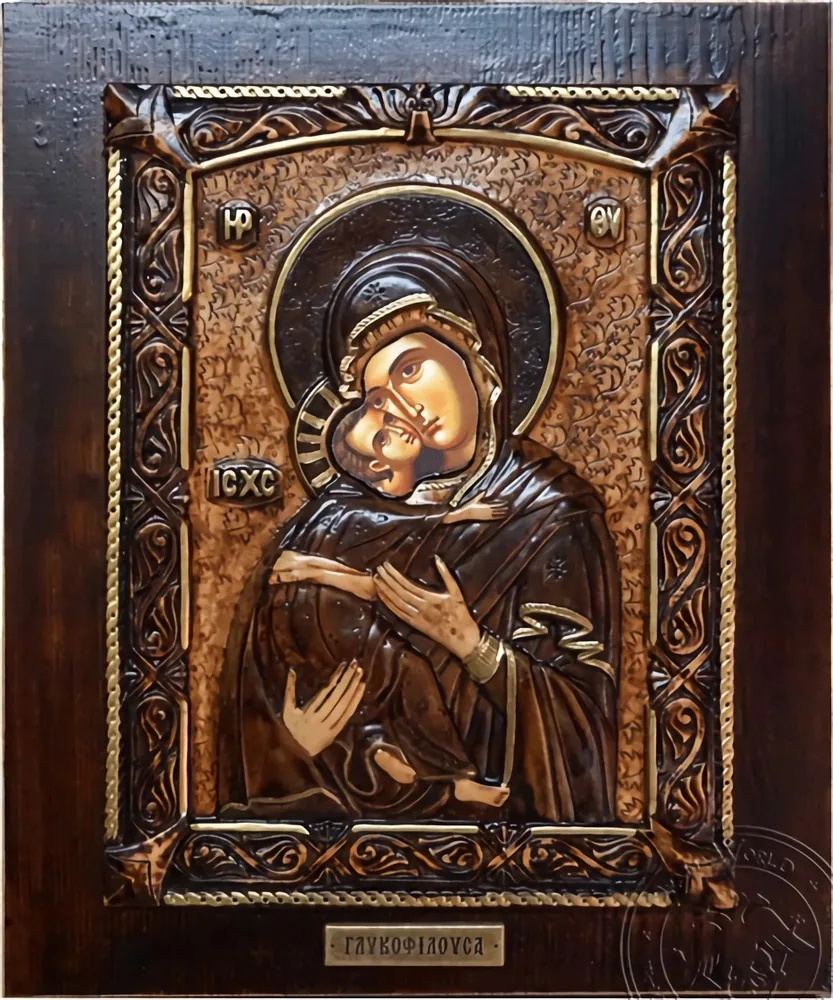 Virgin Mary Glykofilousa - Wood Carved Icon