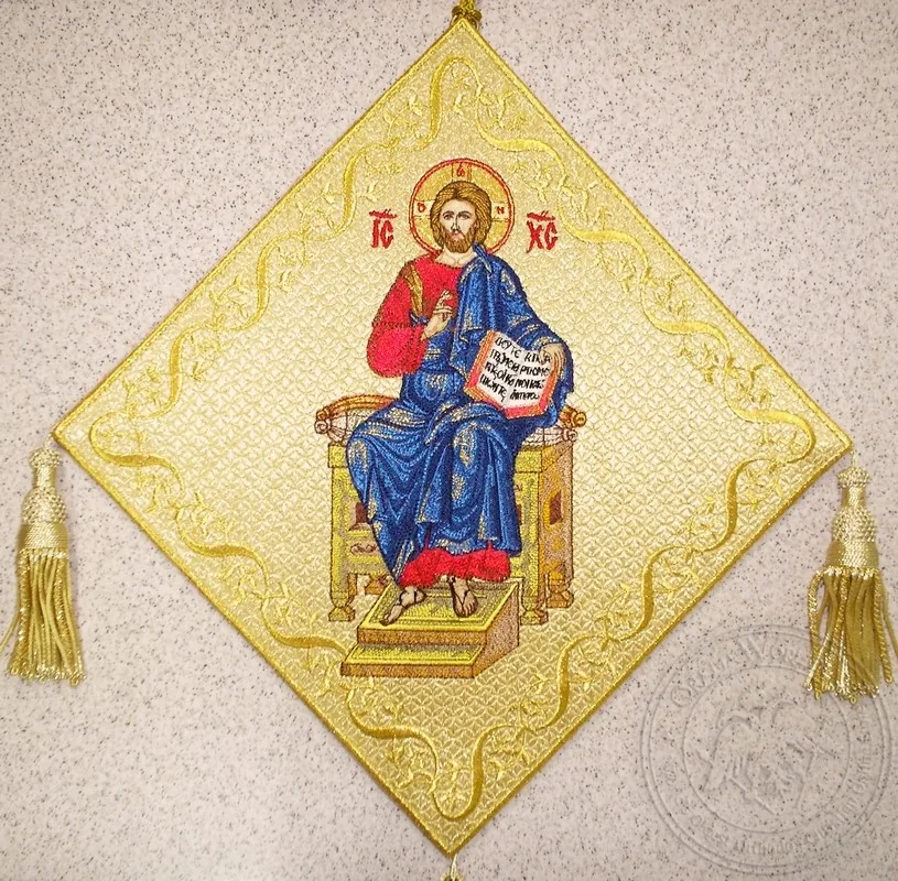 Enthroned Jesus with Embroidered Background - Hieratical kneepiece