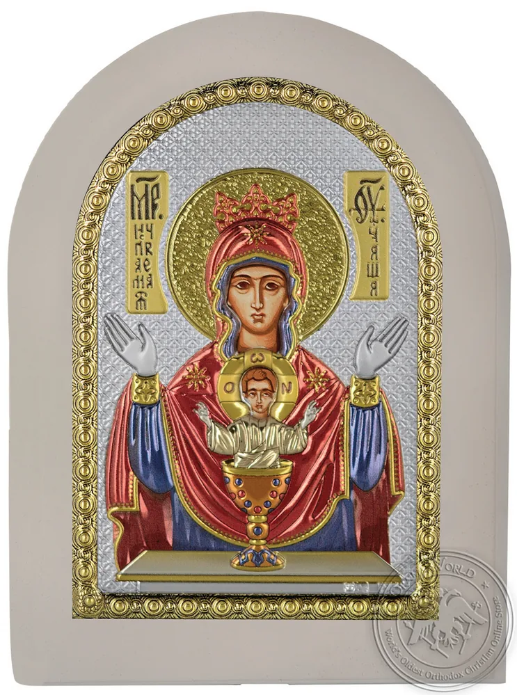 Virgin Mary Holy Grail - Silver Colored Icon in White Wood