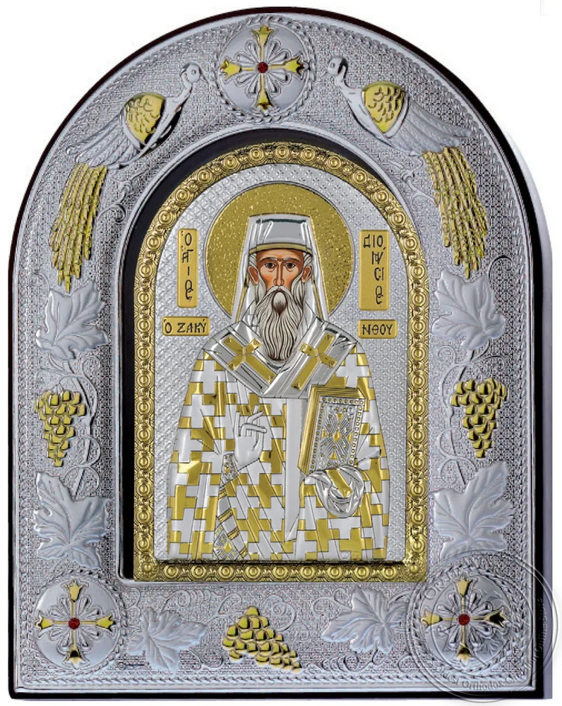 Святой Дионисий, серебряная икона в стеклянной рамке