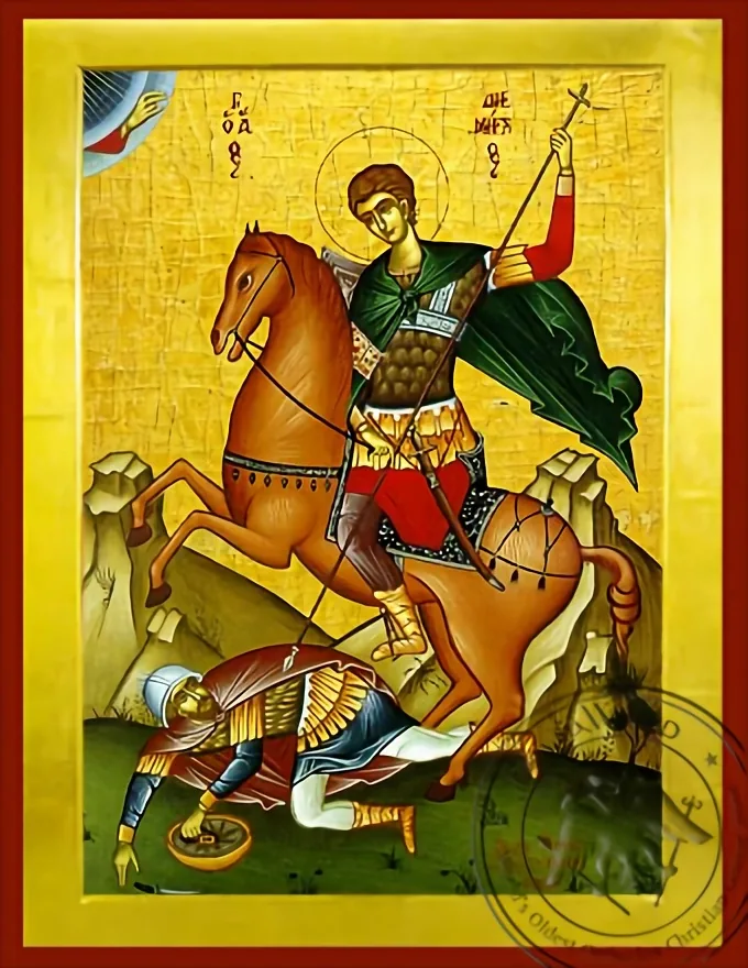 Святой Димитрий Мироточивый, на коне, византийская икона