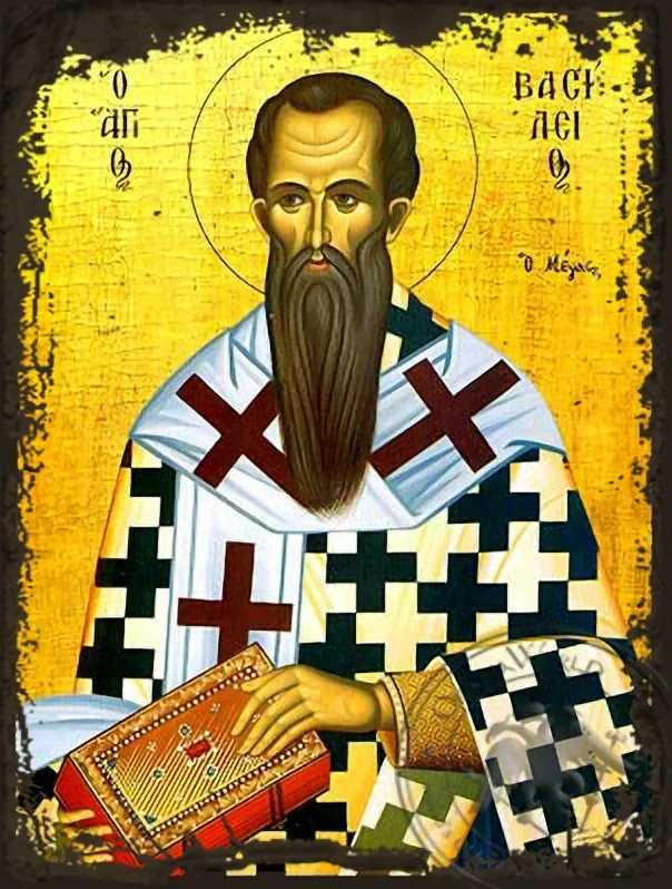 წმინდა ბასილი დიდი, კესარიის მთავარეპისკოპოსი, კაბადოკია, ძველებურად გაფორმებული ბიზანტიური ხატი