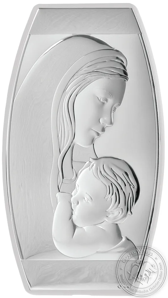 Virgin Mary with Christ - Silver Icon in White Wood